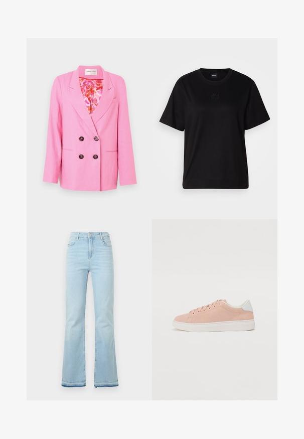 Fabienne Chapot REGGY - Blejzr - pink glow; Černé bavlněné tričko s kulatým výstřihem, krátkými rukávy a vyšitým logem na hrudi. Jednoduchý, volný střih bez vzorů.; Světle modré rozšířené džíny vyrobené z denimové látky, s vysokým pasem, předními kapsami a surovým lemem na manžetách pro uvolněný vzhled.; Světlé růžové semišové tenisky s bílou gumovou podešví, zaoblenou špičkou a bílým akcentem na patě. Mají ploché šňůrky a minimální značení na boku.
