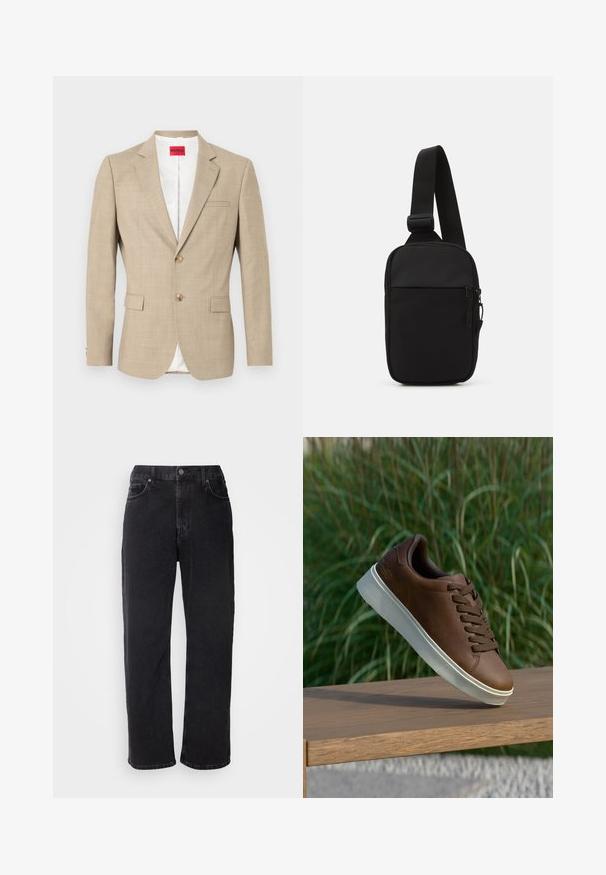 Beige blazer lavet af tekstureret stof, enkeltbrystet med to knapper, to forlommer og en hvid foring. Har klassiske klapper.; To sorte bomulds t-shirts med korte ærmer og rund hals. Begge har en rød mærkelabel ved halsen. Simpelt, klassisk design.; Sorte denim jeans med lige snit, fem lommer og kontrasterende syninger. Har en knaplukning og bæltestropper i taljen.; Brune læder sneakers med hvid gummisål, rund tå og brune snørebånd. Tekstureret greb på sålen og glat overflade på det øverste.; Sort crossbody taske lavet af slidstærkt stof, med en enkelt justerbar rem, en lynlåset hovedrum og en frontlomme.