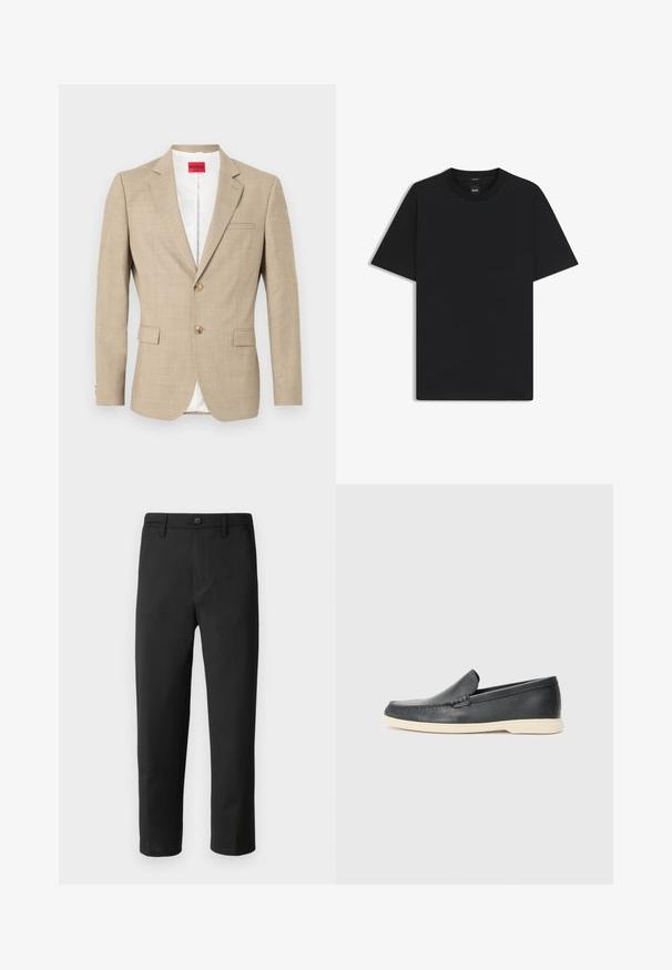 Beige blazer lavet af tekstureret stof, enkeltbrystet med to knapper, to forlommer og en hvid foring. Har klassiske klapper.; Sort kortærmet T-shirt lavet af en glat bomuldsblanding, med en rund halsudskæring og et minimalistisk design uden mønstre eller accenter.; Sort bukser med lige snit, lavet af glat stof. Har knaplukning og bæltestropper. Ingen synlige mønstre eller accenter.; Sorte læder slip-on loafers med en struktureret overflade og en kontrasterende beige gummisål. Har en subtil detalje langs forsiden.