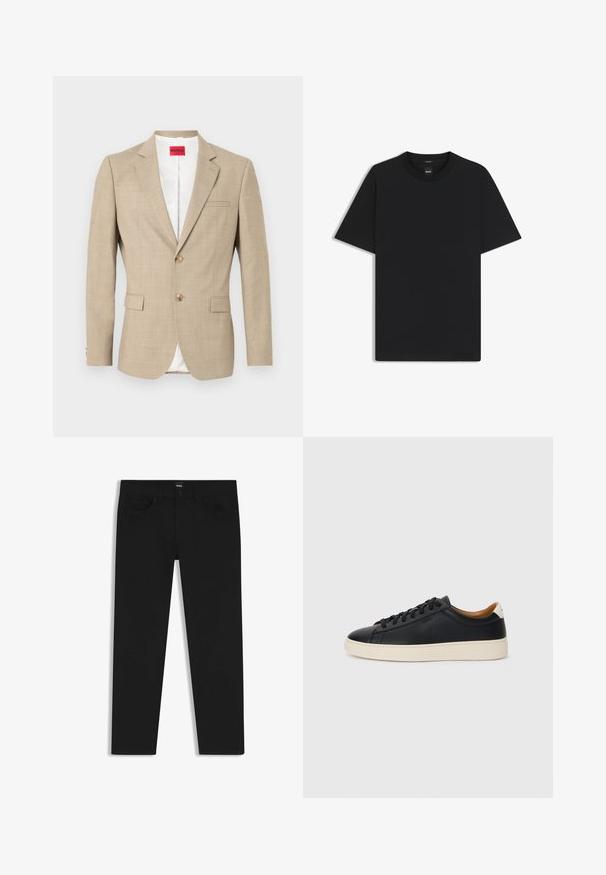 Beige Blazer aus strukturiertem Stoff, einreihig mit zwei Knöpfen, zwei Vordertaschen und einem weißen Futter. Verfügt über klassische Revers.; Schwarz T-Shirt mit kurzen Ärmeln aus einem glatten Baumwollmix, mit Rundhalsausschnitt und einem minimalistischen Design ohne Muster oder Akzente.; Schwarze Denim-Hosen mit geradem Schnitt, ausgestattet mit einem Standardbund, fünf Taschen und einem Knopfverschluss. Angenehme, glatte Textur.; Schwarze Ledersneaker mit glatter Textur, beiger Gummisohle, Schnürdesign und einem kontrastierenden Fersenakzent.
