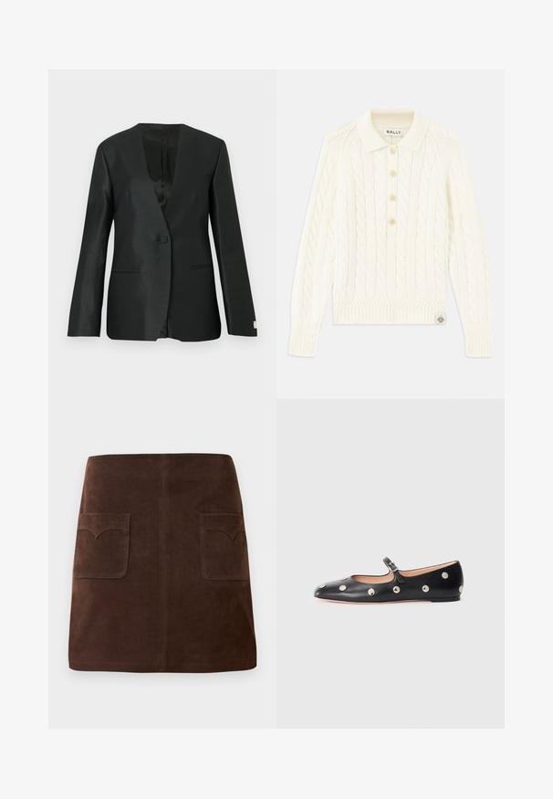 Must have satin viimistlusega must bleiser, ühe nupuga kinnitamine, sälguga krae ja veidi polsterdatud õlavarred. Omab kaht küljetaskut.; Kreemvärvi kootud sviiter, millel on krae, neli nööbitavat nööpi, soonikkoes varrukad ja väike logopatch hemmi juures.; Pruun seemisabal, millel on klassikaline A-linja kuju, kaks eesmist taskut ümarate klappidega ja peened tikandi detailid.; Must naar mustast valmistatud Mary Jane lamedad jalanõud, ümarate varvastega, hõbedaste ümmarguste nupukestega ja reguleeritava rihmaga, millel on klamber.