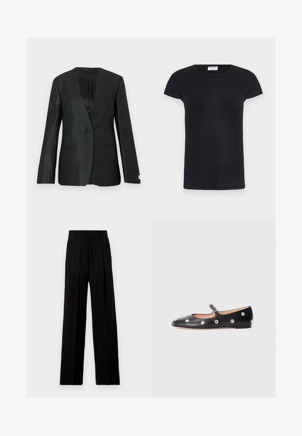 Czarna marynarka z satynowym wykończeniem, z zapięciem na jeden guzik, klapami oraz lekko usztywnionymi ramionami. Posiada dwie boczne kieszenie.; Czarny prążkowany T-shirt z okrągłym dekoltem i krótkimi rękawami. Miękki materiał o dopasowanym kształcie, z metką na dekolcie.; Czarne spodnie typu wide-leg wykonane z gładkiego materiału, z wysokim stanem, plisami z przodu i czystym, dopasowanym krojem bez ozdób.; Czarne skórzane buty typu Mary Jane na płaskim obcasie z zaokrąglonym czubkiem, ozdobione srebrnymi okrągłymi ćwiekami oraz regulowanym paskiem z klamrą.