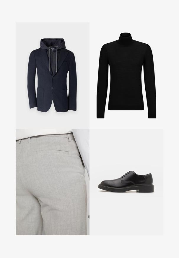 JOOP! Jeans HOODNEY - Sako - navy; Crni dukserica s visokim ovratnikom, napravljena od mekanog materijala, s dugim rukavima i priljubljenim krojem. Rebrasti detalji na donjem rubu i rukavima. Jednostavan dizajn.; Svijetlosive krojene hlače od teksturiranog materijala, s jednim stražnjim džepom i čistim šavovima.; Crne kožne cipele s vezanjem i zaobljenim vrhom, glatke teksture, minimalnim šavovima i niskim gumiranim potplatom. Logo se nalazi na peti.