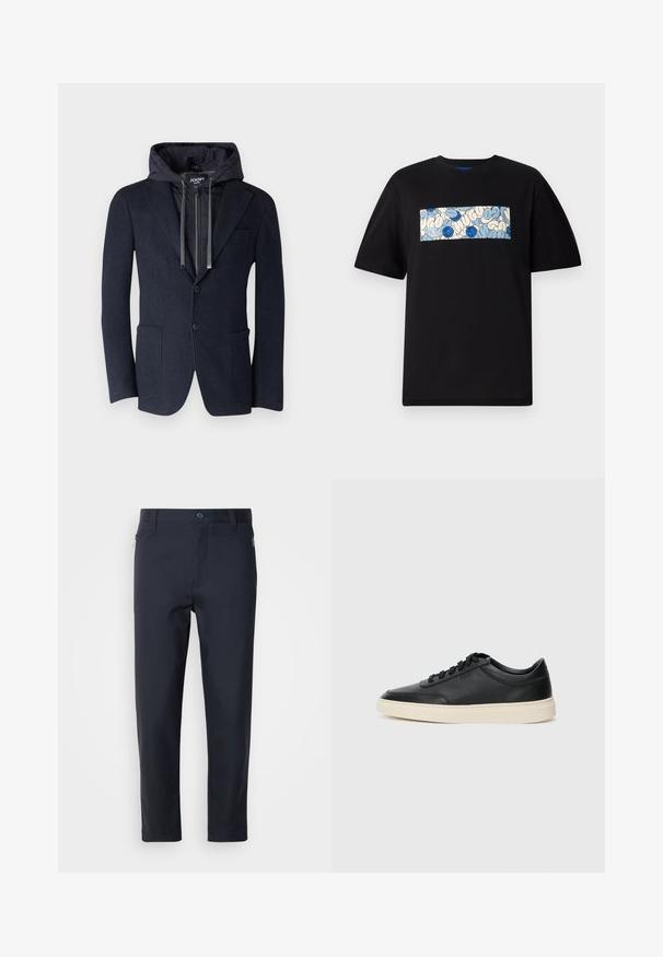 JOOP! Jeans HOODNEY - Blézerkabát - navy; Fekete pamut póló, kék és krém színű téglalap alakú grafikával, kör alakú mintákkal és firkákkal, laza fazonra tervezve.; Sötétkék, sima anyagból készült, testre szabott nadrág, cipzáros zsebbel, egyenes lábakkal és gombos záródással a derék részen.; Fekete, alacsony szárú bőrsneaker fekete fűzőkkel és törtfehér talppal, oldalnézetben, fehér háttér előtt.