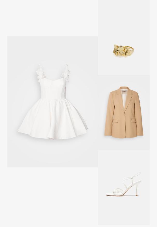 Beiger Blazer mit strukturiertem Design, einreihiger Knopfverschluss, zwei Vordertaschen und glatter Oberfläche. Futter im Inneren sorgt für zusätzlichen Komfort.; Weißes Kleid mit einem taillierten Oberteil und einem weiten Rock. Verfügt über Federschmuck an den Trägern und einem glatten, strukturierten Stoff.; Weiße, geschnallte High-Heel-Sandalen mit flacher Zehenbasis, strukturiertem Vorderteil mit gerafften Akzenten und schlankem Knöchelriemen.; Goldring mit strukturiertem, wellenförmigem Design, das drei markante Spitzen aufweist. Glatte, glänzende Oberfläche mit einem offenen Band für einen verstellbaren Sitz.