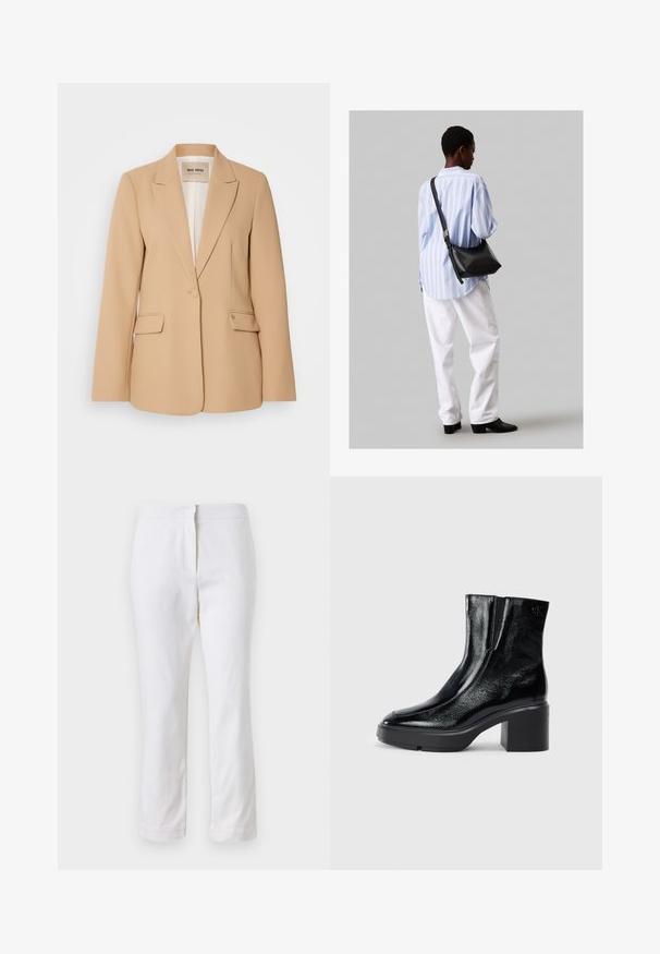 Bežs blazeris ar strukturētu dizainu, vienu pogu, divām priekšējām kabatām un gludu apdari. Oderēts iekšpuse papildina komfortu.; Baltas kokvilnas T-krekls ar īsām piedurknēm, apaļu kakla izgriezumu un brīvu piegriezumu. Gluda tekstūra, bez rakstiem vai akcentiem, minimālistisks dizains.; Baltas kokvilnas bikses ar taisnu kāju dizainu, ar vidēju augstumu un bez redzamām detaļām vai rakstiem. Visā virsmā ir gluda tekstūra.; Melnas lakotas ādas potītes zābaki ar izliekto purngalu, elastīgām sānu paneļiem un masīvu blokveida papēdi. Aizmugurē ir izsistā logo.; Melna ādas plecu soma ar mīkstu tekstūru, trīsstūra formu un regulējamu siksnu, apvienota ar gaiši zilu svītrotu krekli un baltām biksēm.