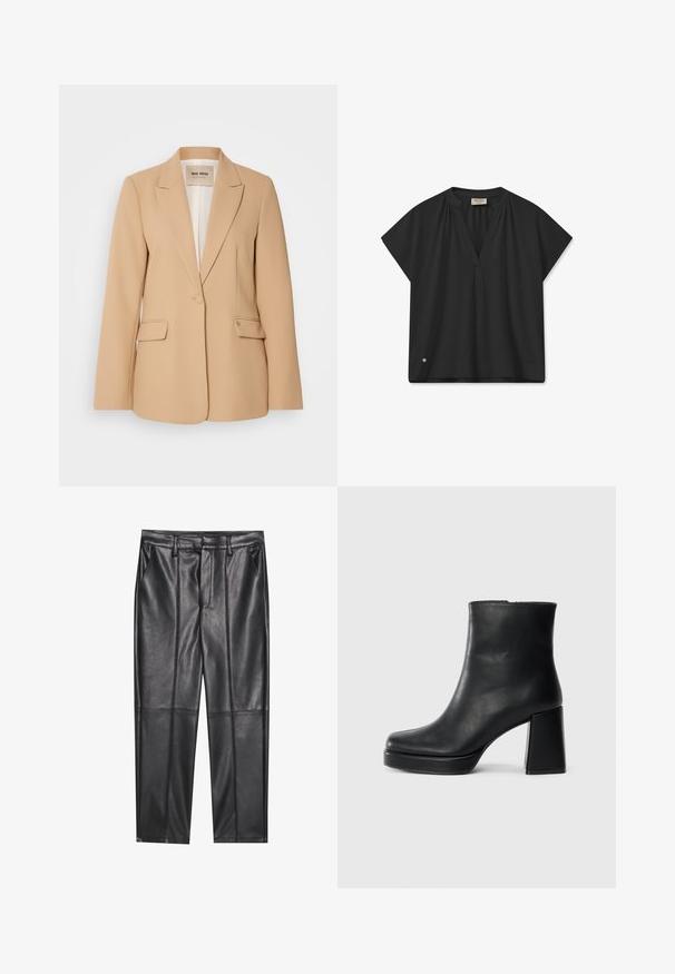 Bež blazer s strukturirano zasnovo, enojnim gumbom, dvema sprednjima žepoma in gladko površino. Podložen notranji del zagotavlja dodatno udobje.; Črna bluzica s kratkimi rokavi in V-izrezom, ki ima naborke na ramenih in diskretno logotipno oznako na robu. Gladka tekstura.; Črne usnjene hlače z gladko teksturo, z ravnim krojem, dvema sprednjima žeparjema in vidnimi šivi.; Črne usnjene gležnjarje z blok peto in platformo, prikazane s strani na enobarvni beli podlagi.