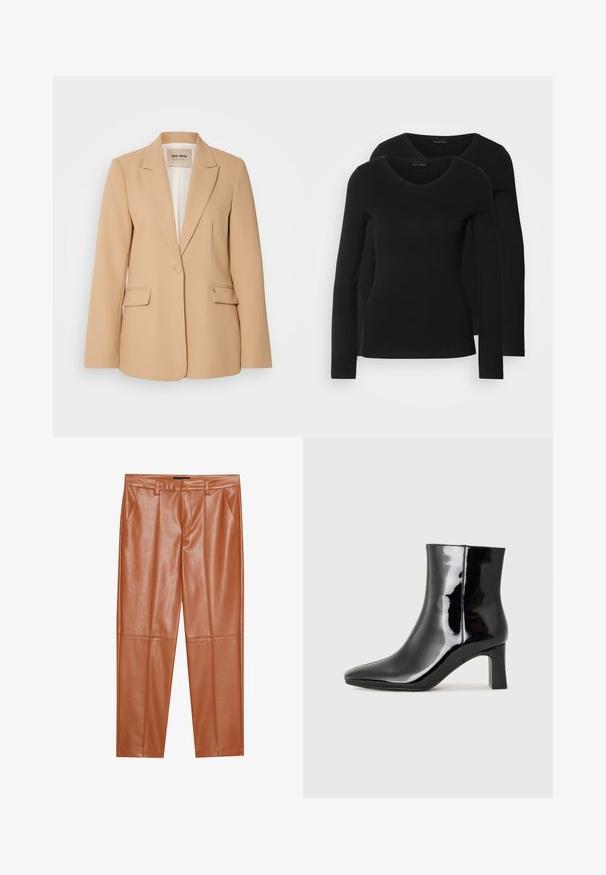 Bež sako s strukturiranim dizajnom, zatvaranjem na jedan dugme, dva prednja džepa i glatkom površinom. Podstava unutar nudi dodatnu udobnost.; Dva crna majice dugih rukava s V-izrezom, izrađene od mekanog, rastezljivog materijala, s glatkom teksturom i prilagođenim oblikom.; Smeđe hlače od umjetne kože s prilagođenim krojem, s prednjim pregibima i ravnim nogavicama. Glatka tekstura bez vidljivih metalnih dijelova ili ukrasa.; Crne lakirane kožne gležnjače s šiljastim prstom i srednje visokom blok petom. Glatka tekstura i minimalistički dizajn.