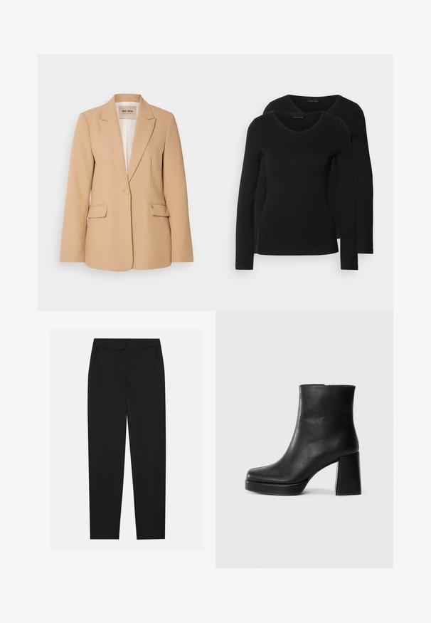 Béžový blazer so štruktúrovaným dizajnom, zapínanie na jeden gombík, dve predné vrecká a hladký povrch. Podšitý interiér poskytuje dodatočné pohodlie.; Dvoje čiernych košieľ s dlhým rukávom a výstrihom do V, vyrobených z mäkkej a elastickej látky, s jemnou textúrou a priliehavým strihom.; Čierne nohavice s prispôsobeným dizajnom, so bočnými vreckami a rovnou nohavicou. Vyrobené z hladkej, ľahkej tkaniny s elegantným vzhľadom.; Čierne kožené členkové topánky s blokovým podpätkom a platformovou podrážkou, zobrazené z boku na bielom pozadí.