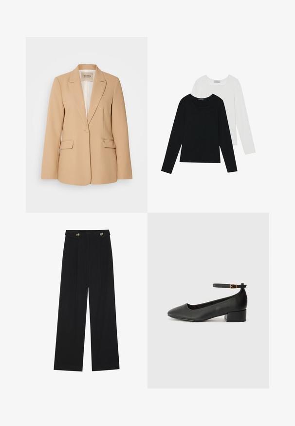 Beige bleiseri, jossa on jäsennelty muotoilu, yksittäinen nappikiinnitys, kaksi etutaskua ja sileä pinta. Vuorattu sisäosa tarjoaa lisää mukavuutta.; Kaksi pitkähihainen paitaa, yksi musta ja yksi valkoinen, molemmat neliönmallisella kaula-aukolla ja pehmeästä, joustavasta kankaasta valmistettu.; Mustat leveälahkeiset housut, joissa on korkea vyötärö, napit vyötärönauhassa ja etupuolella laskokset.; Mustat nahkakengät, joissa on terävä kärki ja matala lohkare korko. Varustettu nilkkahihnalla, jossa on kultasävyinen solki. Lisää sileä pinta.