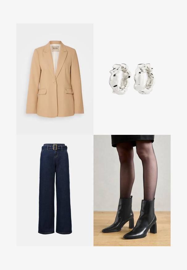 Bežs blazeris ar strukturētu dizainu, vienu pogu, divām priekšējām kabatām un gludu apdari. Oderēts iekšpuse papildina komfortu.; Even&Odd Petite 2 PACK - Tops - light grey/black; Tumši zili platlegu denimi bikses ar izšūtām kabatām un saderīgu jostu, kurai ir liels taisnstūrains zelta sprādze.; Melni ādas potīšu zābaki ar izdilušu purngala formu, masīvu kvadrātveida papēdi un elegantu dizainu. Iekļautas elastīgas sānu paneļi, kas nodrošina ērtu uzvilkšanu.; Sudraba riņķi auskari ar teksturētu, neregulāru dizainu. Virsma ir atstarojoša, demonstrējot līkumus un kontūras. Iekšējais telpa ir tukša.