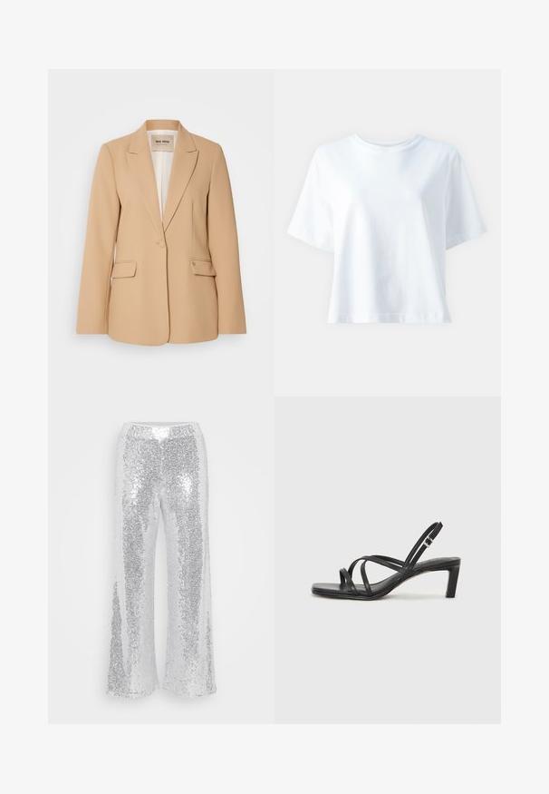 Beige blazer med en strukturert design, enkel knapplukking, to fork pockets og en glatt finish. Fôret interiør gir ekstra komfort.; Hvit bomulls t-skjorte med rund hals, korte ermer, løs passform og jevn tekstur. Ingen mønstre eller aksenter synlige.; Sølv paljetter vide benbukser med høy midje. Stoffet glitrer og reflekterer lys, med en glatt, glanset tekstur.; Sorte sandaler med stropper, firkantet tå og lav blokk hæl. Har flere tynne stropper og en justerbar ankelstropp. Laget av glatt lær.