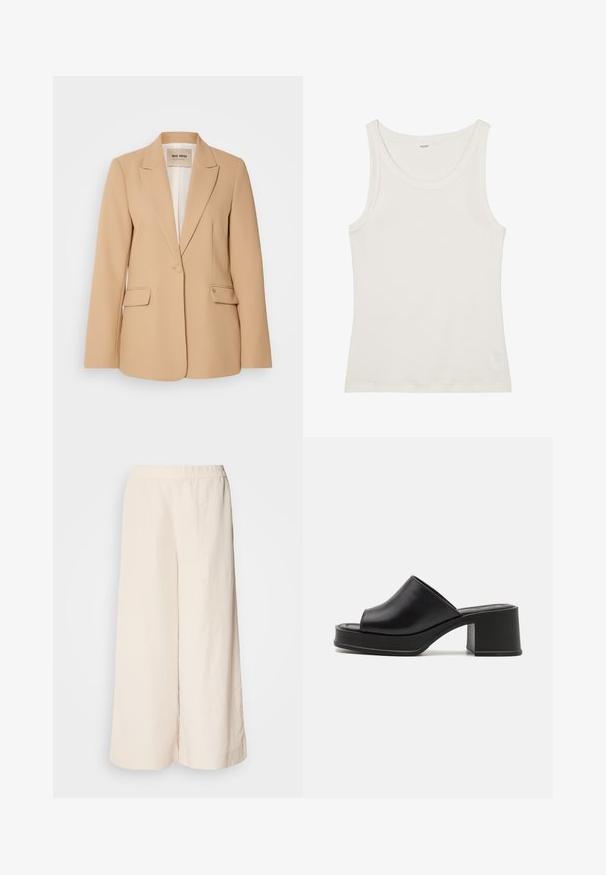 Blazer bege com um design estruturado, fecho de um único botão, duas pockets frontais e um acabamento suave. O interior forrado oferece conforto adicional.; Top de algodão branco, sem mangas, com um decote largo e alças finas. Textura suave sem padrões ou adornos visíveis.; Calças largas cremes com cintura elástica, apresentando um corte descontraído e textura suave, adequadas para uso casual.; Sabots pretos de couro com plataforma, com bico aberto arredondado, salto baixo e textura suave. Design minimalista com linhas elegantes.