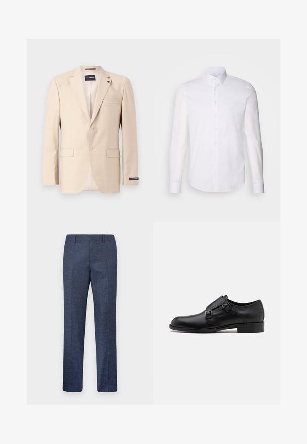 Beige blazer made of textured fabric with two buttons, a chest pocket, and two front pockets. Includes a labeled interior lining.; White long-sleeve button-up shirt made from cotton, featuring a classic collar, front buttons, and minimal stitching detail.; Navy blue trousers made from a textured fabric, featuring straight legs, a flat front, and two side pockets. No visible patterns or accents.; Black leather dress shoe with dual buckles, sleek silhouette, and round toe. Features a low heel and smooth texture.