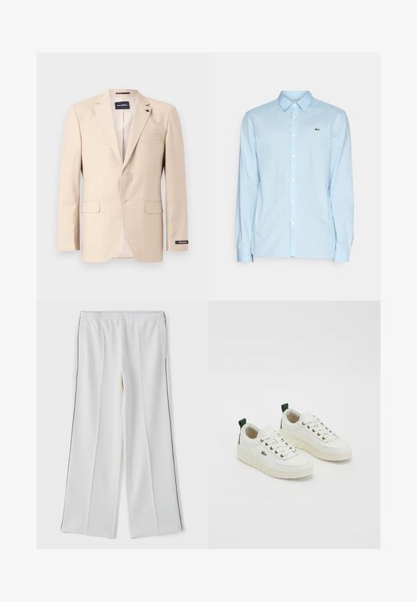 Beige zakó struktúrált anyagból, két gombbal, mellzsebbel és két elülső zsebbel. Címkézett belső béléssel rendelkezik.; Világoskék, hosszú ujjú ing sima anyagból, klasszikus gallérral, gombos elülső résszel és egy kis zöld logóval a mellkason.; Fehér, bő szárú nadrág rugalmas derékpánttal, oldalsó zsebekkel és kontrasztos zöld díszítéssel az oldalán. Sima szövet textúra.; Fehér bőr sportcipők zöld díszítéssel, fűzős kialakítással, arany fűzőlyukakkal és textúrázott panelek. Vastag tejszín színű gumitalp.