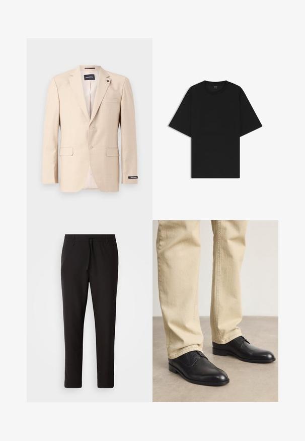 Beige blazer made of textured fabric with two buttons, a chest pocket, and two front pockets. Includes a labeled interior lining.; Black short-sleeve crew neck T-shirt with a relaxed fit and a small "BOSS" label on the inside collar.; Black jogger pants made of smooth fabric. Feature an elastic waistband with a drawstring, tapered legs, and no visible pockets. Simple design.; Black leather lace-up shoes with a rounded toe, smooth finish, and subtle stitching details, worn with light beige pants.