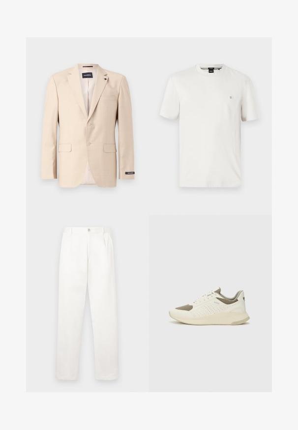 Beige Blazer aus strukturiertem Stoff mit zwei Knöpfen, einer Brusttasche und zwei frontalen Taschen. Enthält ein beschriftetes Futter.; Weißes Baumwoll-T-Shirt mit rundem Halsausschnitt, kurzen Ärmeln und einem kleinen Logo-Patch auf der linken Brust. Glatte Textur, normale Passform.; Weiße Hose aus glattem Gewebe, mit geradem Bein, Vorderfalten und einem einzelnen Knopfverschluss an der Taille.; Weiße und hellbeige Sport Sneakers, ausgestattet mit einem Obermaterial aus Netzgewebe, perforierten Details und einer strukturierten Zwischensohle mit Branding an der Ferse.