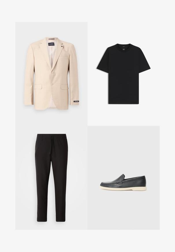 Beige Blazer aus strukturiertem Stoff mit zwei Knöpfen, einer Brusttasche und zwei frontalen Taschen. Enthält ein beschriftetes Futter.; Schwarz T-Shirt mit kurzen Ärmeln aus einem glatten Baumwollmix, mit Rundhalsausschnitt und einem minimalistischen Design ohne Muster oder Akzente.; Schwarze Jogginghose aus glattem Stoff. Mit einem elastischen Bund und Kordelzug, schmal zulaufenden Beinen und ohne sichtbare Taschen. Einfaches Design.; Schwarze Leder-Slipper mit strukturiertem Finish und einer kontrastierenden beige Gummisohle. Mit einem dezenten Akzent an der Vorderseite.