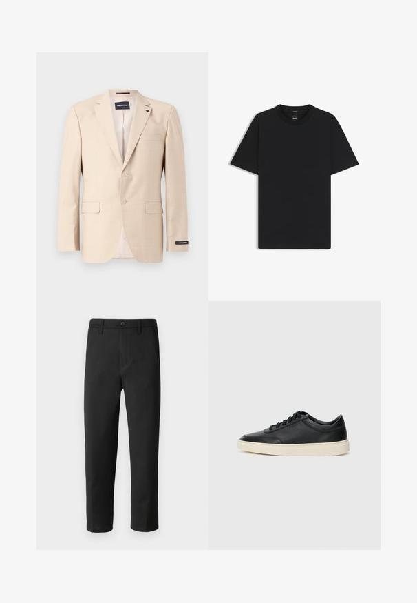 Beige blazer i strukturerad tyg med två knappar, en bröstficka och två framfickor. Inkluderar ett märkt innerfoder.; Svart kortärmad T-shirt i en mjuk bomullsblandning, med rundad halsringning och en minimalistisk design utan mönster eller detaljer.; Svarta byxor med rak skärning, tillverkade av ett mjukt tyg. Har knappstängning och bälteslöljer. Inga synliga mönster eller detaljer.; Svart låg skor i läder med svarta snören och off-white sula, visas i sidoprofil på vit bakgrund.