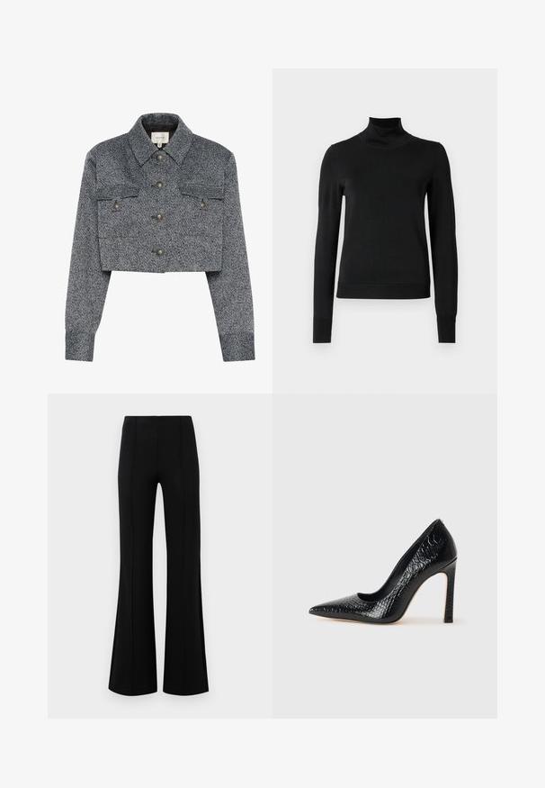 Lühendatud hall ruuduline jope tekstuuriga kangast. Omab kahte esi-taskut ja viit nuppu klassikalise kraega ning vormitud varrukatega.; Mustmusterta mustaga pikkade varrukatega kõrge kaelusega sviiter, millel on ribakudumisega mansetid ja äär, esitatud lihtsal valgel taustal.; Mustad põlvpüksid kõrge vöökohaga, valmistatud venivast kangast. Esiküljel on vertikaalsed õmblusdetailid ja sile tekstuur.; Mustan teravaotsaga kõrge kontsaga king, millel on krokodillimustriga tekstuur, stiilne disain, kõrge stilettokonts ja sile must sisesisustus.