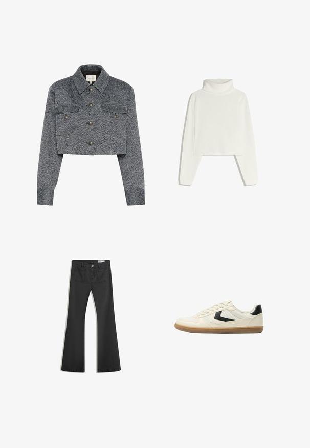 Klippt, grått hundtandsmönstrat jacka i strukturerad tyg. Har två framtida fickor och fem knappar med en klassisk krage och åtsittande ärmar.; Vit ribbad polotröja med långa ärmar, kort design och en mjuk textur. Har en hög, strukturerad krage och åtsittande manschetter.; Svarta utsvängda jeans i denim med en jämn textur, med två bakfickor och knäppning vid midjan.; Bershka Sneakers - white