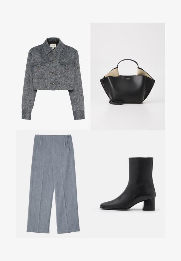 Przycięta szara kurtka w wzór houndstooth z fakturowanej tkaniny. Posiada dwie przednie kieszenie oraz pięć guzików, klasyczny kołnierz i dopasowane rękawy.; Czarny, długi rękaw top wykonany z miękkiego materiału, z okrągłym dekoltem i luźnym krojem z bocznymi rozcięciami u dołu, zapewniającymi swobodę ruchów.; Jasnoszare spodnie o szerokich nogawkach wykonane z teksturowanej tkaniny, z dwoma plisami z przodu i dwoma kieszeniami po bokach. Czysty, dopasowany krój.; Czarne skórzane botki za kostkę z ostrym noskiem i masywnym kwadratowym obcasem. Gładka faktura z bezszwowym designem i minimalnym przeszyciem.; Ree Projects - Torebka
