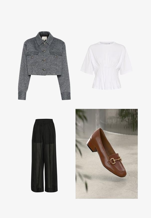 Kuttet grå hounds-tooth jakke i strukturert stoff. Har to frontlommer og fem knapper med klassisk krage og tilpassede ermer.; Hvit kortermet topp laget av myk stoff, med rund hals og rynket detalj ved midjen for en tettsittende look.; Sorte vidde bukser laget av gjennomsiktig stoff, med elastisk midje og snor for justerbar passform og en glatt overflate.; Brun lakkert skinn loafer med firkantet tå, metallkjedeakkent, og lav blokkheel; glatt tekstur, minimalistisk design.