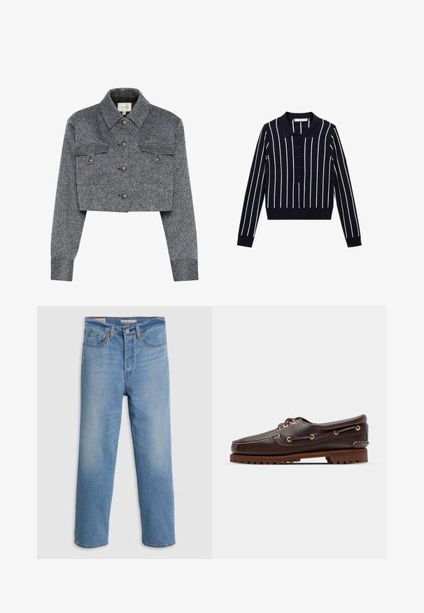 Przycięta szara kurtka w wzór houndstooth z fakturowanej tkaniny. Posiada dwie przednie kieszenie oraz pięć guzików, klasyczny kołnierz i dopasowane rękawy.; Granatowa polo z długim rękawem, ozdobiona białymi pionowymi paskami, z kołnierzykiem i zapinana na guziki. Dopasowany krój z ściągaczami przy mankietach.; Jasnoniebieskie dżinsy w prostym kroju z przednimi kieszeniami, szlufkami na pasek i zapięciem na guzik na jednolitym tle.; Brązowe skórzane buty w stylu boat shoe z złotymi oczkami, okrągłymi sznurowadłami oraz teksturowaną brązową gumową podeszwą. Zawierają przeszycia i wypukłe logo.