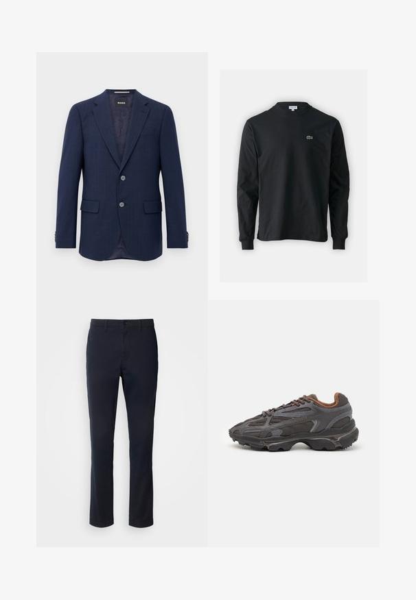 Moški navy blue blazer z dvema gumboma, zareznim ovratnikom, žepoma s poklopcem in temnim podlogom, predstavljen na beli podlagi.; Črna dolgi rokavi majica iz bombaža, z okroglim ovratnikom in majhnim zelenim vezenim logotipom krokodila na levem prsnem delu.; Mornarsko modre hlače iz gladkega blaga, z ravnim krojem, z zankami za pas in gumbom za zapiranje s svetlico.; Lacoste teniske v temno sivi barvi z mrežasto in sintetično prevleko, s teksturiranim podplatom in rjavimi detajli na ovratniku ter blagovni znamki.