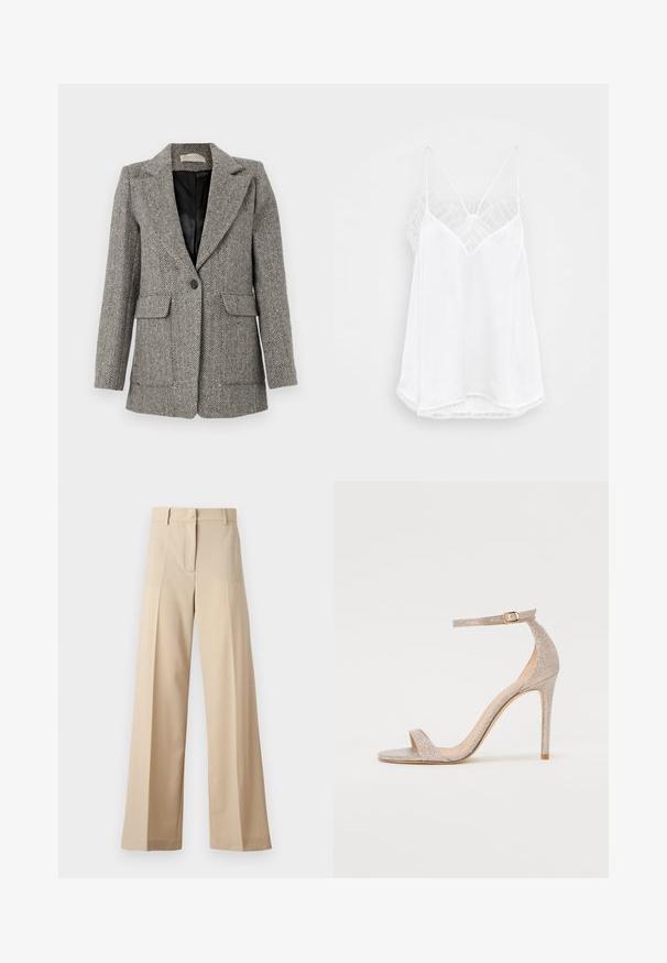 Sako se vzorem rybí kosti v šedé barvě, s klopovým límcem, zapínáním na jeden knoflík, dvěma předními kapsami a černou podšívkou.; Bílá tílko s výstřihem do V, tenkými ramínky, texturovanými krajkovými detaily na ramenou a zakřiveným lemováním. Hladká textura látky.; Beige široké kalhoty vyrobené z hladké tkaniny, s plochým předním dílem a záhyby, s zipovým zapínáním a poutky na pásek. Celkově střižené na míru.; Sandálky na vysokém podpatku s páskami v metalické růžové zlaté barvě, s texturovaným svrškem, otevřenou špičkou a řemínkem kolem kotníku s detailním zlatým sponou.