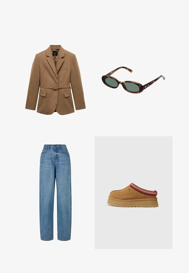 Rjav blazer s pasom, izdelan iz teksturirane tkanine, z izrezanim ovratnikom, enim žepom na prsih in dvema sprednjima žepoma. Prilagojena obleka.; Kremni pulover iz mehkega materiala s krožnim izrezom. Ima črno vezen napis: "Športni in prosti čas klub" ter logotip. Rebrasti manšeti.; Bela majica brez rokavov iz bombaža, preproste zasnove z zaobljenim izrezom in črnim logotipom "HUGO" na sredini. Gladka tekstura.; Svjetloplavi traperice sa ravnim nogavicama, s kopčanjem na dugme, pet džepova i suptilnim izbljeđivanjem po cijelom materijalu.; Rjavi suede natikači z rdečo in smetano obrobo z vzorcem, teksturiranimi podplati in logotipom UGG na strani. Imajo rahlo povišano platformo.; Žirafne sončna očala z ovalnimi okvirji in zelenimi lečami. Imajo tanke ročice z metalnim poudarkom blizu tečajev.; Tkanšna svetlo rjava torbica z zaobljenim ročajem, izdelana iz mehkega usnja. Ima zadrgo in zapleten vzorec košarice.