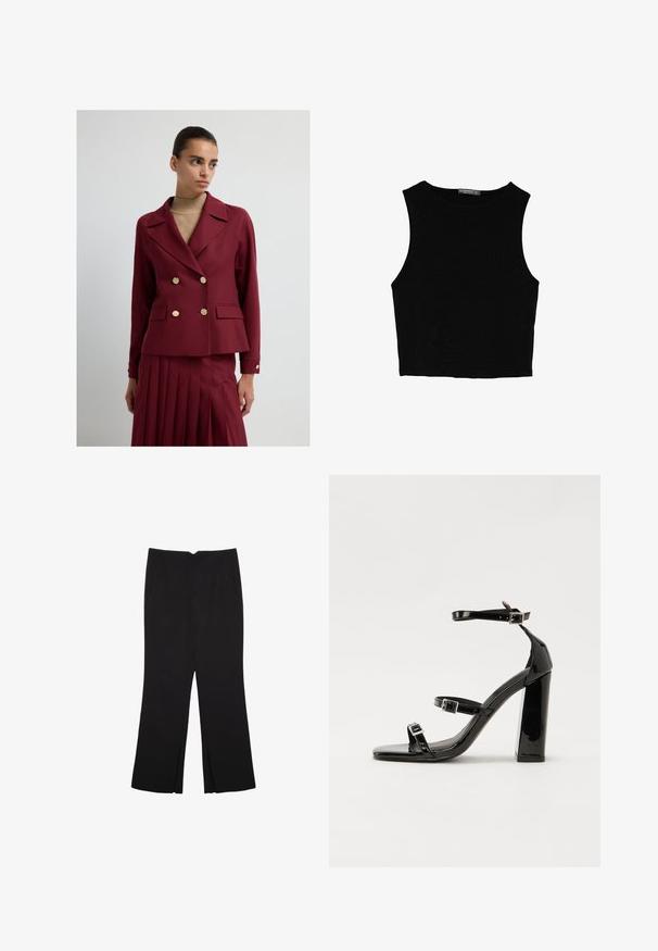 Donna che indossa un blazer bordeaux doppiopetto con bottoni dorati e una gonna plissettata abbinata su un maglione a dolcevita beige.; Top corto senza maniche nero realizzato in tessuto liscio, con scollatura rotonda e un design pulito e semplice, privo di pattern o accessori.; Pantaloni neri a gamba dritta, con tasche frontali e spacchi laterali all'orlo. Realizzati in tessuto morbido e liscio. Adatti a diverse occasioni.; Sandali con tacco in vernice nera, con punta squadrata, cinturini alla caviglia e fibbie in argento. Presentano un tacco a blocco spesso per maggiore stabilità.