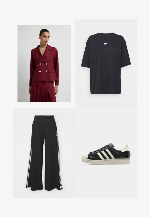Mujer que lleva un blazer burdeos de doble botones con botones dorados y una falda plisada a juego sobre un suéter de cuello alto beige.; Camiseta de algodón negra con mangas cortas, cuello redondo, presenta un logo blanco de Adidas en el pecho. Diseño simple, ajuste relajado.; Pantalones de chándal negros de pierna ancha con una cinturilla elástica, que presentan franjas blancas a los lados y un logo bordado en el muslo izquierdo.; Zapatilla de cuero negro con rayas blancas, puntera de goma, cordones negros y suela color crema. Textura suave con acabado brillante.