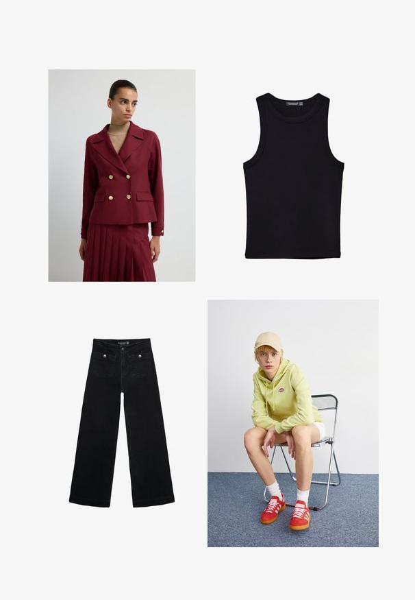 Donna che indossa un blazer bordeaux doppiopetto con bottoni dorati e una gonna plissettata abbinata su un maglione a dolcevita beige.; Canotta nera in cotone, caratterizzata da un colletto rotondo e ampi giromanica. Texture liscia con orli cuciti. Design classico e minimalista.; Jeans neri a gamba larga con vita alta, dotati di due tasche frontali e dettagli in metallo sui bottoni. Il tessuto ha una texture liscia.; Felpa verde chiaro con logo, pantaloni corti bianchi, scarpe rosse con strisce bianche, seduto su una sedia pieghevole in cromo contro uno sfondo neutro.