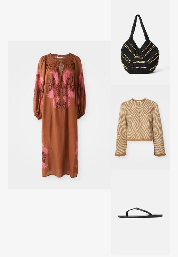 Jachetă scurtă, tăiată, dintr-un material bej texturat cu modele zigzag albe și margini ciufulite pe mâneci și tiv. Închidere cu fermoar frontal.; Rochie maro, vaporasă, cu mâneci lungi. Prezintă un guler plisat cu închidere prin legare și broderie florală roz de-o parte și de alta.; Flip-flop negru cu un design minimalist, având barete subțiri și o talpă plată. Materialul pare a fi plastic cu o textură netedă.; Vanessa Bruno PANIER - Geantă crossbody - noir