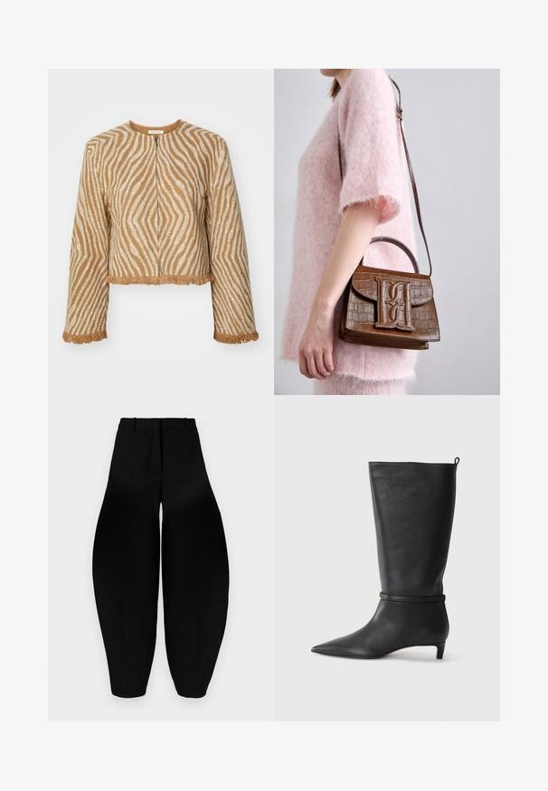 Kort, cropped jakke lavet af struktureret beige stof med hvide zigzag mønstre og frynsede kanter på ærmer og kant. Lynlås foran.; Sort turtleneck sweater lavet af blødt stof, med ribbede detaljer ved kraven og manchetterne, i en afslappet pasform og med sideslids.; Sorte vidde bukser med høj talje, plisseret front og smalnende ankler. Fremstillet af glat stof med mat overflade.; Sorte læder knæhøje støvler med spidse tæer, fremhævet af et rundt bånd omkring anklen og en lav, tapered hæl. Glat tekstur.; Brun håndtaske med krokodillepræg, med et topgreb og skulderrem. Har et fremtrædende logo på frontklaffen. Blød tekstur.