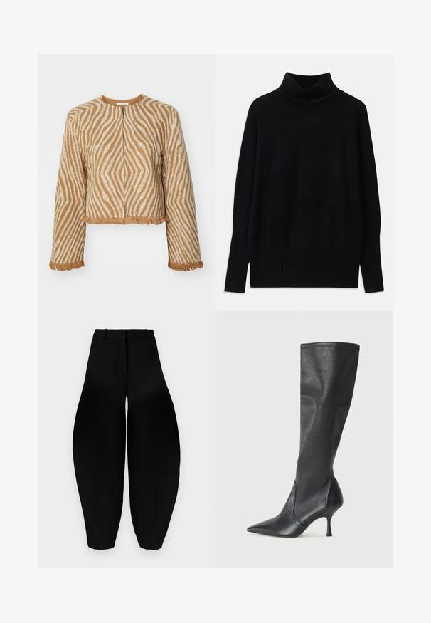 Kort, cropped jack gemaakt van gestructureerde beige stof met witte zigzagpatronen en franjes aan de mouwen en onderrand. Voorzijde met ritssluiting.; Zwarte coltrui gemaakt van zachte stof, met geribbelde accenten bij de kraag en manchetten, met een losse pasvorm en zijsplitten.; Zwarte wijde broek met hoge taille, geplooide voorkant en taps toelopende enkels. Gemaakt van een gladde stof met een matte afwerking.; Kniehoge zwarte leren laarzen met een spitse neus en een slanke stilettohak. Glad textuur met een aansluitend ontwerp en stiksels aan de bovenrand.
