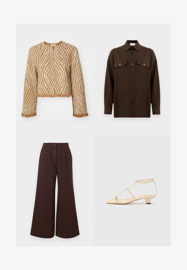 Short, cropped jacket made of textured beige fabric with white zigzag patterns and fringed edges on sleeves and hem. Front zip closure.; Dark brown long-sleeve button-up shirt with two flap chest pockets and a classic collar, displayed against a plain white background.; High-waist wide-leg brown pants with button and zipper closure, belt loops, and front pleats.; Beige heeled sandals with a T-strap design, square toe, adjustable ankle strap, and a low, block heel. Smooth leather material.