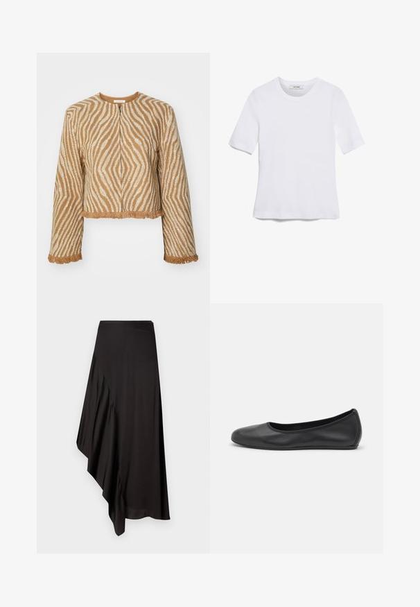 Krátka, zastrihnutá bunda z textúrovanej béžovej látky s bielymi cik-cak vzormi a strapcami na rukávoch a leme. Predné zapínanie na zips.; Biela krátka tričko s krátkymi rukávmi vyrobené z rebrovanej látky. Klasický okrúhly výstrih, bežný strih a jemné švy. Bez vzorov alebo grafiky.; AERON ASTER SKIRT - Puzdrová sukňa - black; Čierne kožené baleríny s okrúhlou špičkou, hladkým povrchom, minimálnym prešívaním a flexibilným dizajnom podrážky.