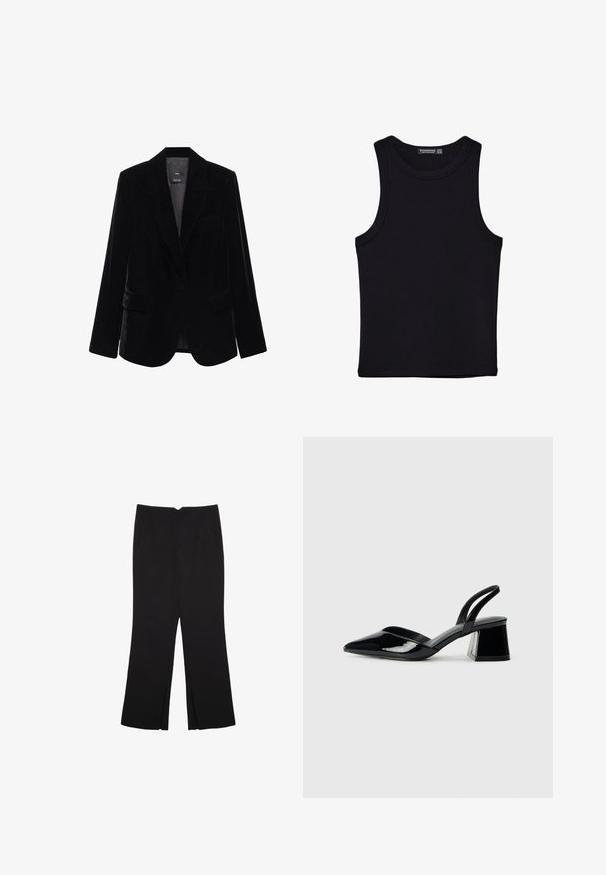 Czarna aksamitna marynarka z wyciętym kołnierzem, zapięciem na jeden guzik, dwoma przednimi kieszeniami oraz gładką fakturą. Prosty design z klasycznym krojem.; Czarny top na ramionczkach wykonany z bawełny, z okrągłym dekoltem i szerokimi wycięciami na ramionach. Gładka tekstura z przeszytymi brzegami. Klasyczny, minimalistyczny design.; Czarne spodnie o prostym kroju, z przednimi kieszeniami i bocznymi rozcięciami na dole. Wykonane z miękkiego, gładkiego materiału. Odpowiednie na różne okazje.; Czarne lakierowane półbuty na obcasie z wydłużonym noskiem i geometrycznym słupkiem. Charakteryzują się eleganckim, minimalistycznym designem oraz gładką fakturą.