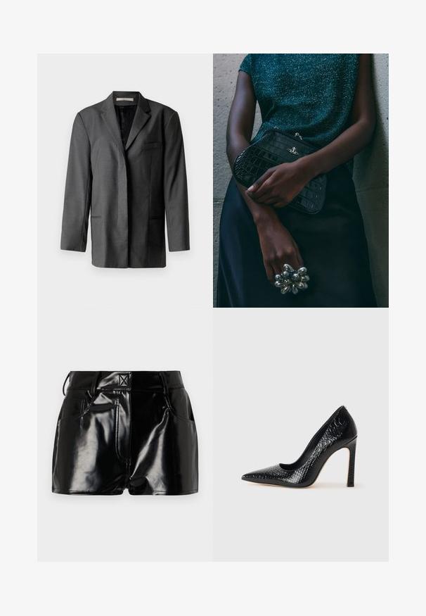 Sacou gri croit dintr-un material ușor; are rever cu tăiere, un buzunar pe piept și două buzunare frontale, cu o căptușeală netedă.; Cămașă lungă cu mânecă lungă din satin negru, cu guler înalt, talie strânsă și detaliu cu șnur reglabil. Textură netedă cu un finisaj elegant.; Pantaloni scurți negri, strălucitori, din material sintetic. Prezintă o talie ajustată, bucle pentru curea și buzunare frontale cu detalii de cusătură proeminente.; Pantofii cu toc înalt, ascuțiți, de culoare neagră, cu textură de piele de crocodil, având un design elegant, toc în stil stiletto și interior neted de culoare neagră.; Geantă de umăr de tip clutch, cu model de crocodil negru și detalii din metal argintiu, sprijinită pe un fundal texturat gri. Prezintă o suprafață lucioasă.
