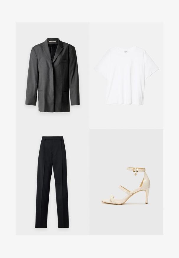 Grå skræddersyet blazer i et let materiale; har en spidse krave, enkelt brystlomme og to forlommer, med en glat indvendig foring.; Hvit bomulls t-skjorte med korte ermer, rund hals, avslappet passform og sydd kant. Merke synlig på innsiden av halsen.; Svarte bukser laget av glatt stoff, med høy midje, vide ben, frontfolder og klassiske beltehemper. Ingen synlige sidelommer.; Beige høyhælte sandaler med tynn ankelstropp og to stropper over. Glanset lakkfinish og detaljer i gull på ankelstroppen.