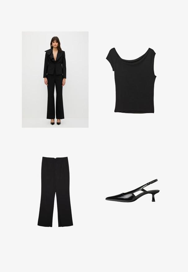 Musta räätälöity puku, jossa on rypytetty kaulus, slim-fit-takki ja levenevät housut. Kangas on sileä ja matta. Kiiltävät korkokengät.; Musta lyhythihainen paita, joka on valmistettu sileästä kankaasta; siinä on laskeutuva kaula-aukko ja epäsymmetrinen helma, sekä istuva malli.; Mustat housut suoralinjaisella leikkauksella, joissa on etutaskut ja sivurei'ät helman alla. Valmistettu pehmeästä ja sileästä kankaasta. Sopii eri tilaisuuksiin.; Mustat lakatut nahkakengät, joissa on viistopää, leikattu sivusuunnassa ja pieni neliökoroke. Sujuva pinta, jossa on minimaalinen koristelu.