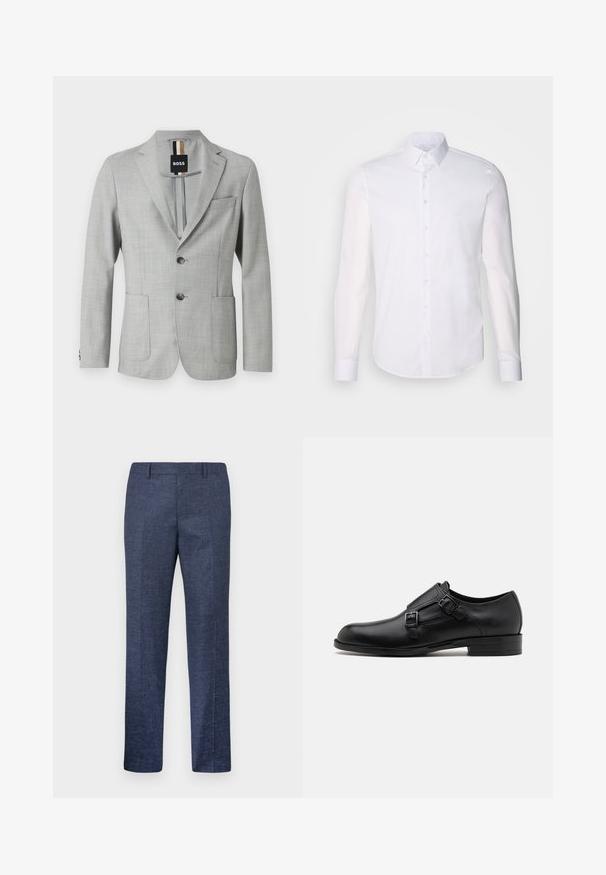 Blazer grigio chiaro realizzato in tessuto testurizzato, con revers a scivolo, due tasche frontali e chiusura a due bottoni. Etichetta visibile all'interno.; Camicia bianca a maniche lunghe con bottoni realizzata in cotone, caratterizzata da un colletto classico, bottoni frontali e dettagli di cucitura minimal.; Pantaloni blu navy realizzati in un tessuto texturizzato, con gamba dritta, davanti piatto e due tasche laterali. Nessun motivo o dettaglio visibile.; Scarpa da uomo in vera pelle nera con doppie fibbie, silhouette elegante e punta tonda. Presenta un tacco basso e una texture liscia.