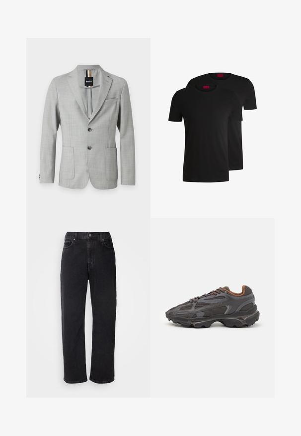 Vaaleanharmaa bleiseri, joka on valmistettu teksturoidusta kankaasta ja jossa on kauluksen viilto, kaksi etutaskua ja nappisuljenta. Laboratorio näkyvissä sisällä.; Kaksi mustaa puuvillapaitaa lyhyillä hihoilla ja pyöreällä kaula-aukolla. Molemmissa on punainen brändilogo kaula-aukossa. Yksinkertainen, klassinen muotoilu.; Mustat farkut suoran leikkauksen, viiden taskun ja kontrastiväristen ompelujen kanssa. Varustettu nappisulkimella ja vyölenkeillä vyötäröllä.; Lacoste-tennar i mörkgrått med nät- och syntetmaterial, med en texturerad sula och bruna accenter på kragen och märket.