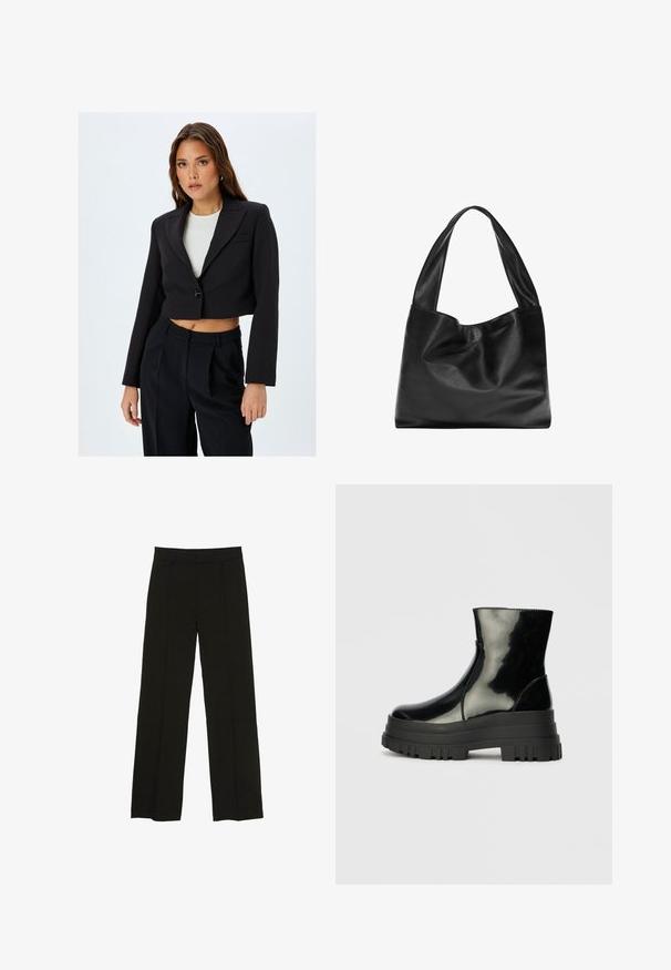 Czarny skrócony żakiet z klapami, zapinany na jeden guzik, z długimi rękawami. Połącz go z czarnymi spodniami o wysokim stanie, aby uzyskać spójną stylizację.; Czarno-białe koszulki z długim rękawem, z okrągłymi dekoltami, z miękkiego materiału, o dopasowanym kroju i prostych zakończeniach.; Czarne spodnie szerokie na nogawkach wykonane z gładkiego materiału, z dopasowanym paskiem w talii i subtelnymi fałdami z przodu, które dodają tekstury.; Czarne błyszczące botki sięgające kostki z grubą podeszwą i zaokrąglonym czubkiem, widok z boku na jednolity jasnoszary tle.; Czarna skórzana torba na ramię o miękkim, zwisającym fasonie, szerokich uchwytach i gładkiej fakturze. Brak widocznych elementów metalowych lub ozdób.