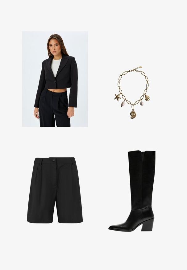 Blazer nero corto con rever a nota, chiusura a un bottone e maniche lunghe. Abbinalo a pantaloni neri a vita alta per un look coordinato.; Due t-shirt aderenti: una crema e una nera. Realizzate in cotone morbido e testurizzato, con maniche corte e scollatura rotonda.; Pantaloni corti neri con un design sartoriale, caratterizzati da pieghe frontali, una parte anteriore piatta e una chiusura con un solo bottone. Tessuto dalla superficie liscia.; Stivali neri al ginocchio in pelle liscia, con punta appuntita, tacco a blocco e un'apertura a forma di V nella parte superiore.; Mango Collana - gold-coloured