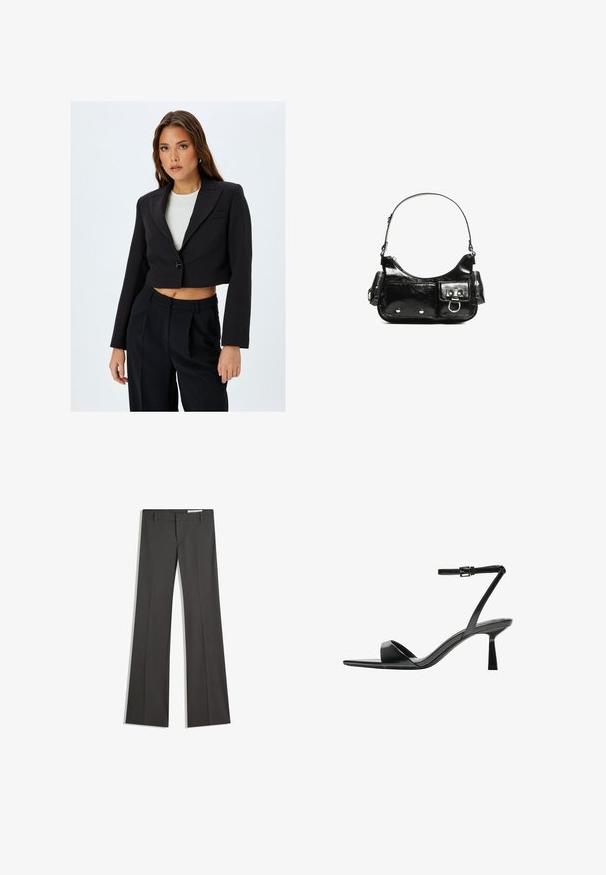 Sort cropped blazer med en notch lapel, enkel knaplukning og lange ærmer. Kombiner med højtaljede sorte bukser for et koordineret look.; Sæt med to langærmede toppe i hvid og sort. Ribbet tekstur, rund halsudskæring, tætsiddende design med let udvidede ærmer.; Grå flagrende bukser i et glat stof, med flad front, bæltestropper og en skræddersyet design med rene linjer.; Bershka Højhælede sandaletter / Højhælede sandaler - black; Sort patenteret læder håndtaske med en buet form, en skulderrem, frontlommer og hardware accenter i sølvfarve.