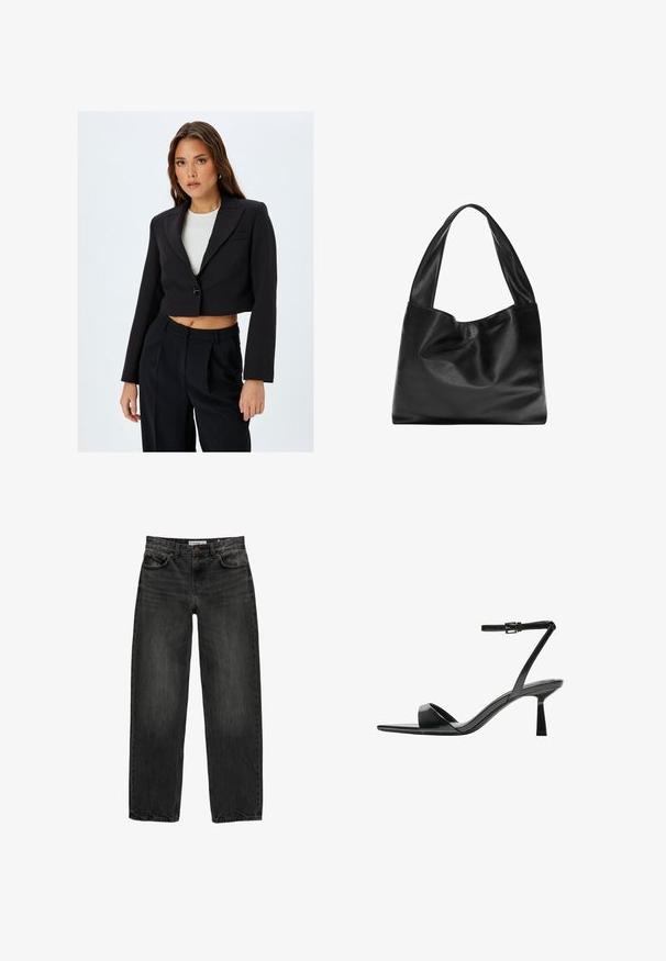 Schwarzer verkürzter Blazer mit Reverskragen, einem Knopfverschluss und langen Ärmeln. Kombinieren Sie ihn mit hochtaillierten schwarzen Hosen für einen abgestimmten Look.; Schwarzes Kurzarm-T-Shirt aus weichem Stoff, mit Rundhalsausschnitt und lockerer Passform, glatter Textur und ohne Muster.; Schwarze Jeans aus Denim mit lockerer Passform, geradem Bein, fünf Taschen-Design und einer leicht gewaschenen Textur. Knopf- und Reißverschluss vorne.; Bershka High Heel Sandalette - black; Schwarze Leder-Tote mit einem weichen, lässigen Design, breiten Griffen und einer glatten Textur. Keine sichtbaren Beschläge oder Verzierungen.