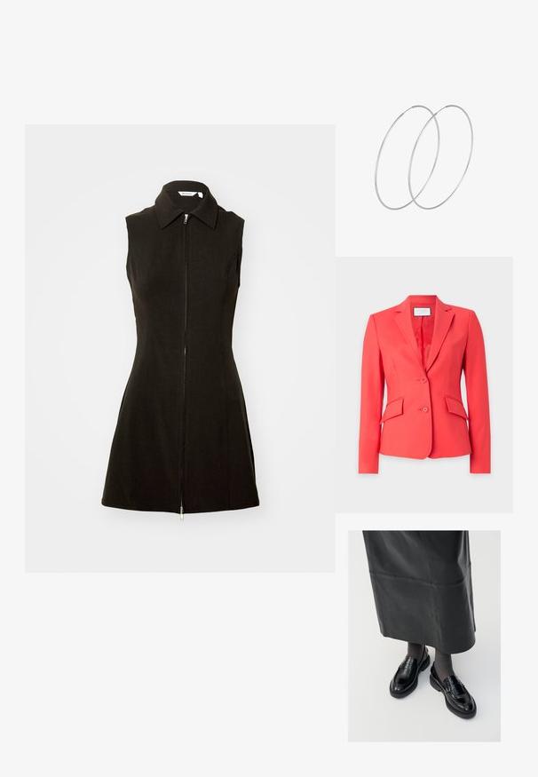 Koralli blazer, joka on valmistettu sileästä kankaasta ja jossa on hienostettu kaulus, kaksi nappia sekä kaksi etutaskua kulmikkailla läpillä.; Musta hihaton mekko, jossa on kauluspääntie ja etuvetoketju, valmistettu sileästä kankaasta, jossa on tiukka siluetti ja levenevä helma.; Musta nahka loaferit sileällä pinnalla, jossa on koristeellinen hihna, pyöreä kärki ja teksturoitu pohja. Yhdistetty pitkän mustan nahkahameen kanssa.; Hopehope hopeilla, joissa on minimalistinen muotoilu. Pyöreä muoto, sileä pinta ja ohut profiili. Kevyet ja kiillotetut.